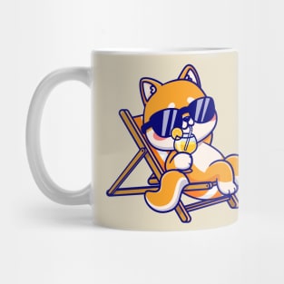 Cute Shiba Inu Dog Relaxing On Bench And Drink Orange Juice Cartoon Mug